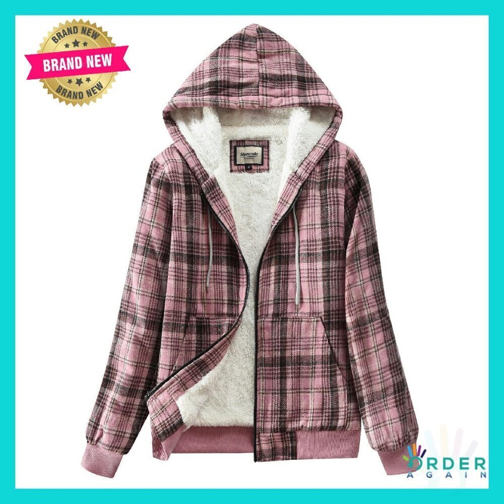 Sherpa Lined Flannel Hoodie Jacket Cozy Casual Full Zip Plaid Oversized